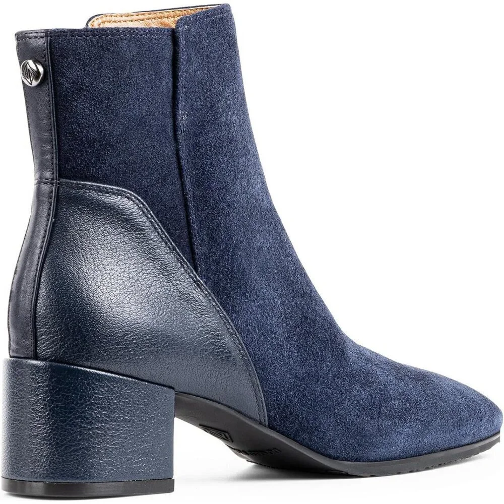 Women's Navy Kelsee Rubber Suede Ankle Block Heel Zipper Booties
